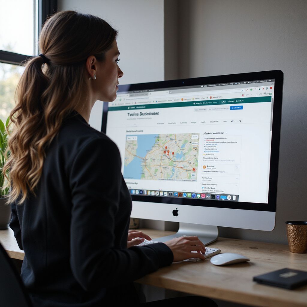 Person working at a desktop computer with a map open on the screen in a home office