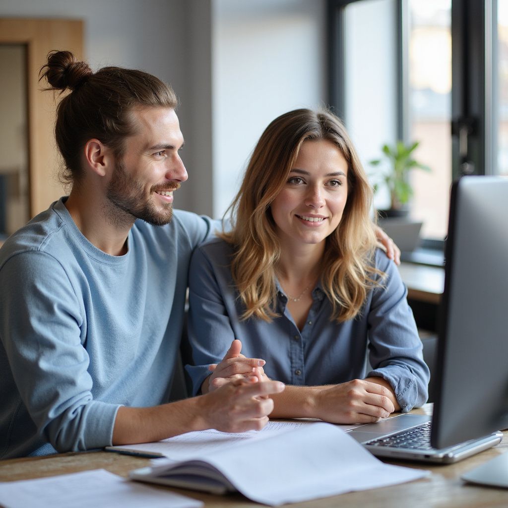 Man with a bun and woman looking at a laptop together at a desk, smiling.