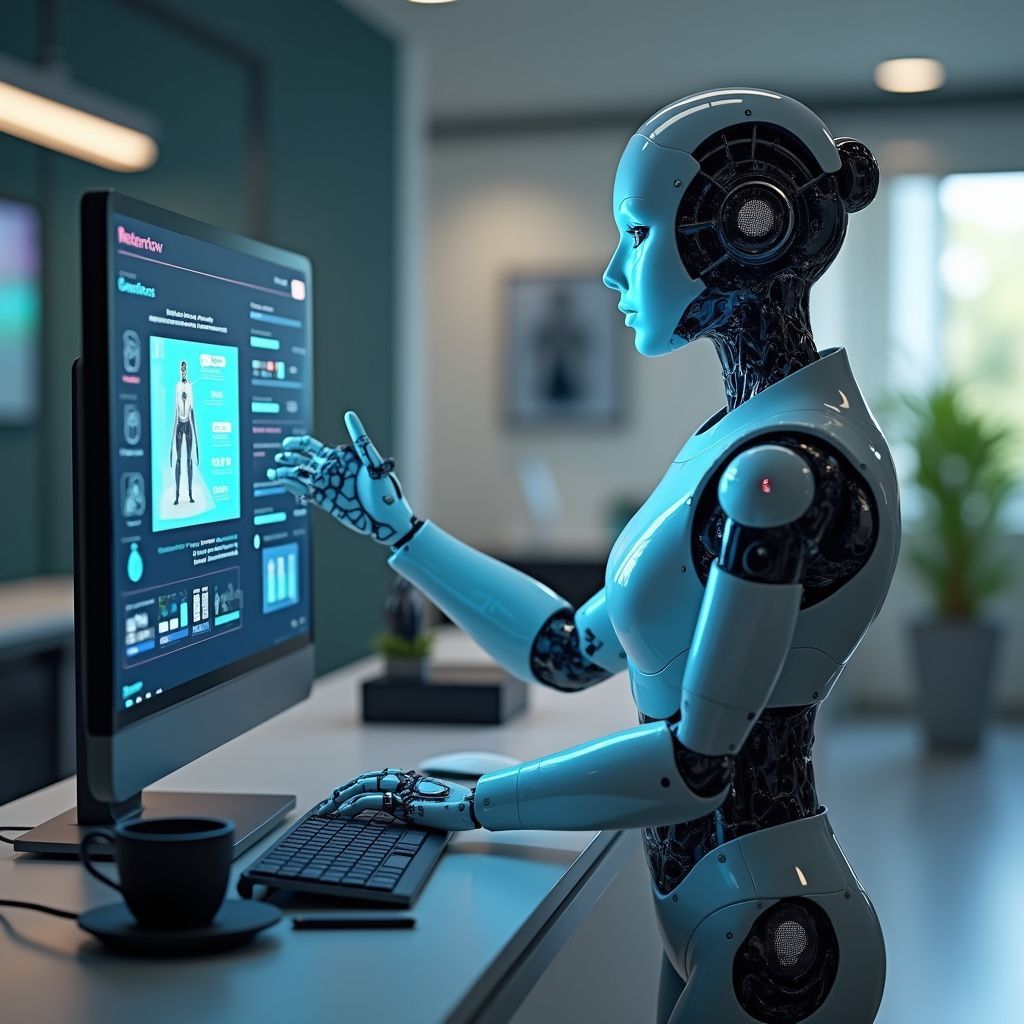 Robot at a computer, interacting with a touch screen. Office setting, blue and white colors.