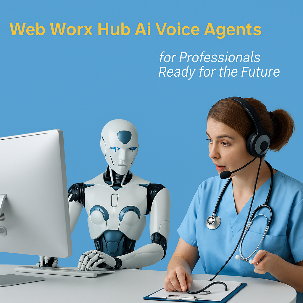 A doctor with a headset and a robot work at a computer. Blue background, light desk.