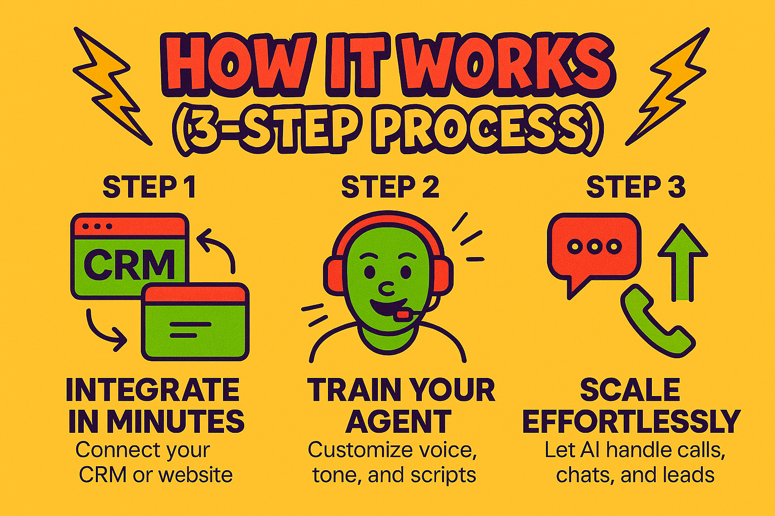 ) Vibrant 3-step AI setup infographic for Web Worx Hub featuring comic-style icons, lightning bolt accents, and bold typography on a yellow background—showing CRM integration, agent training, and AI-powe Diagram showing a 3-step AI process: integrate with CRM, train agent on voice, and scale effortlessly with AI.