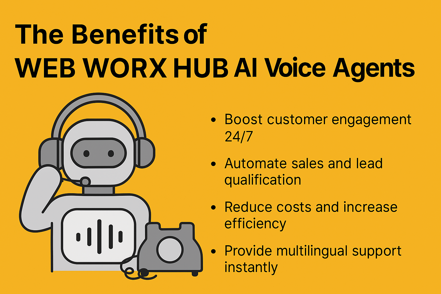 Web Worx Hub AI Voice Agents—key benefits at a glance. Yellow graphic promoting WEB WORX HUB AI voice agents. A cartoon robot with a headset is depicted. Benefits listed: engagement, automation, cost reduction, multilingual support.