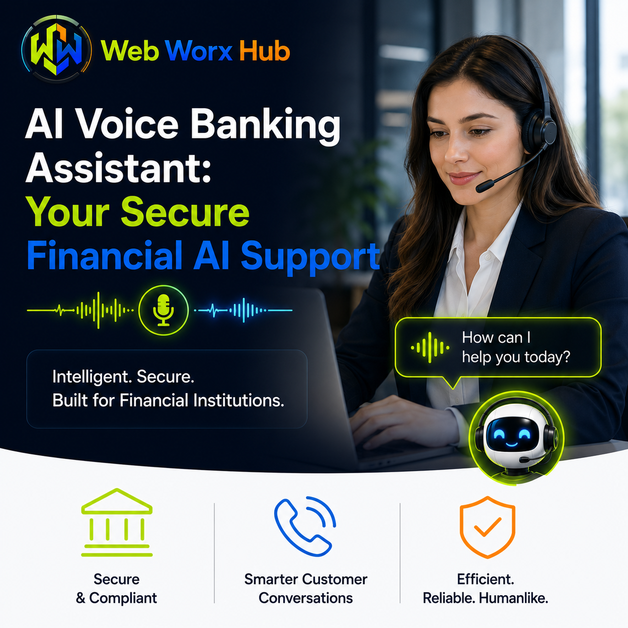 Web Worx Hub ad for AI voice banking support, with headset agent, chatbot icon, and secure finance icons
