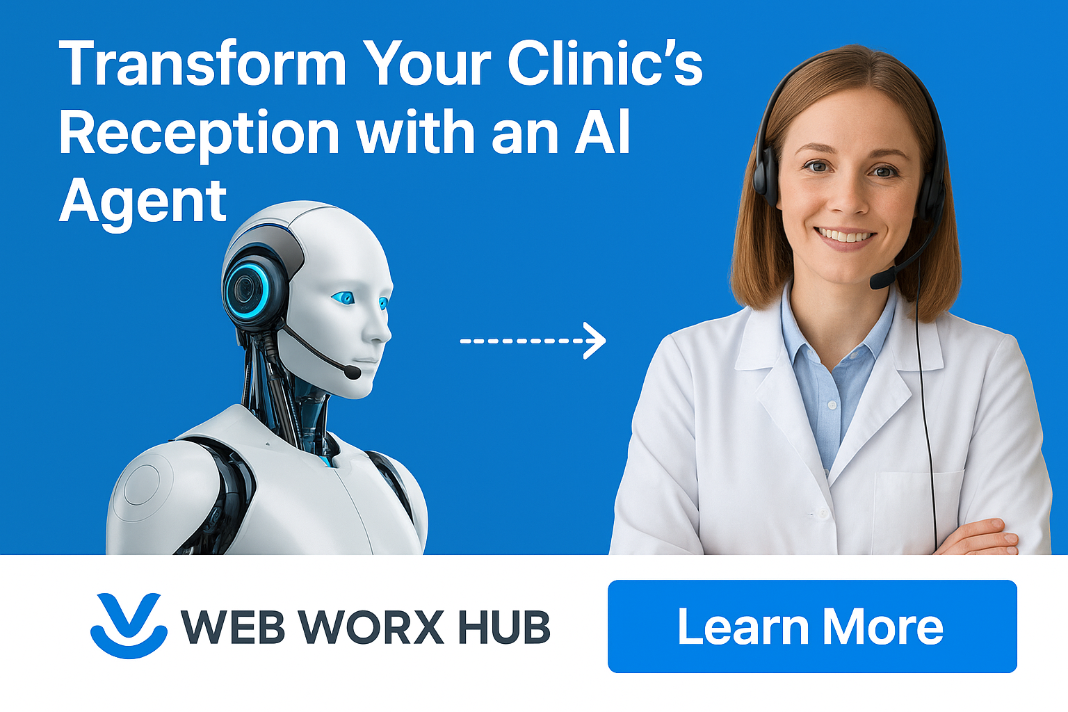 Humanoid robot with headset replacing human receptionist, symbolizing AI-powered transformation of clinic reception.