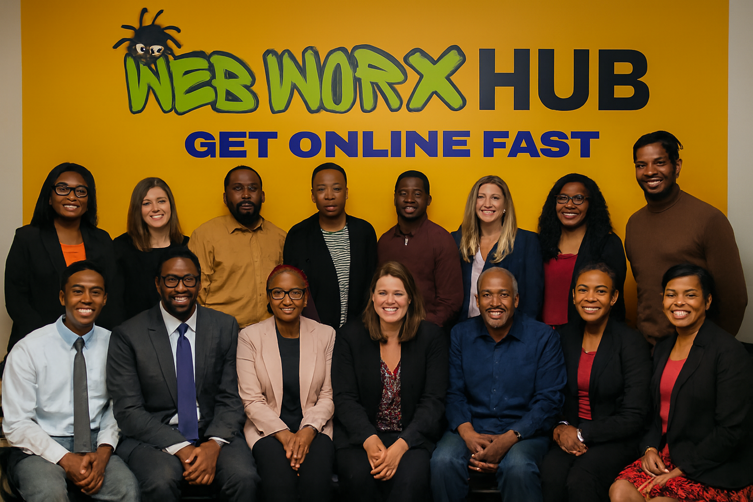 Group of people posing outdoors, some smiling. Evening setting with buildings in the background.