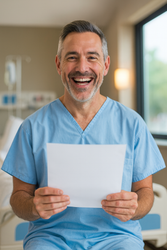 Smiling healthcare worker in blue scrubs holding a sheet of paper in a clinic room