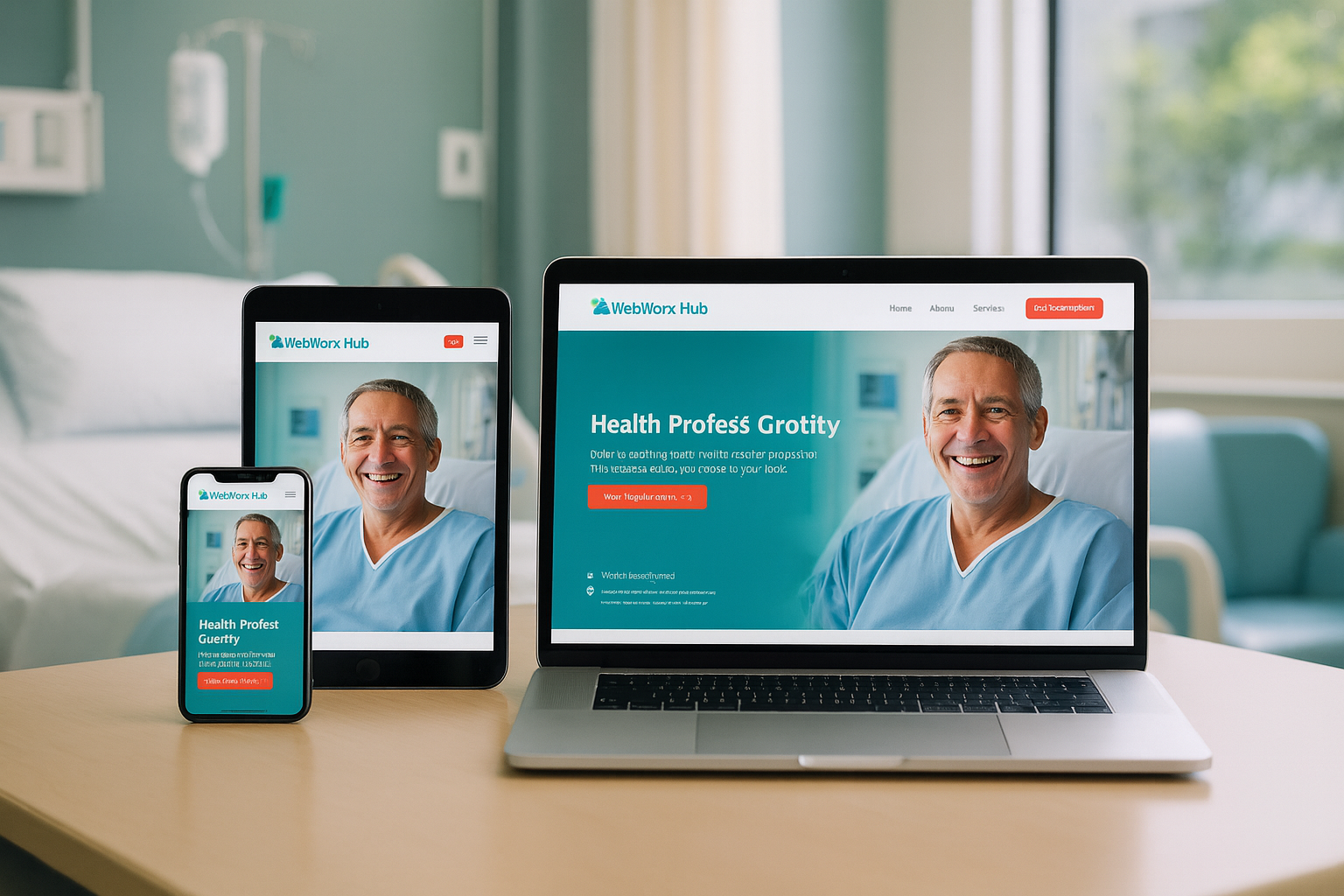 Devices displaying website with a smiling patient in a hospital room.