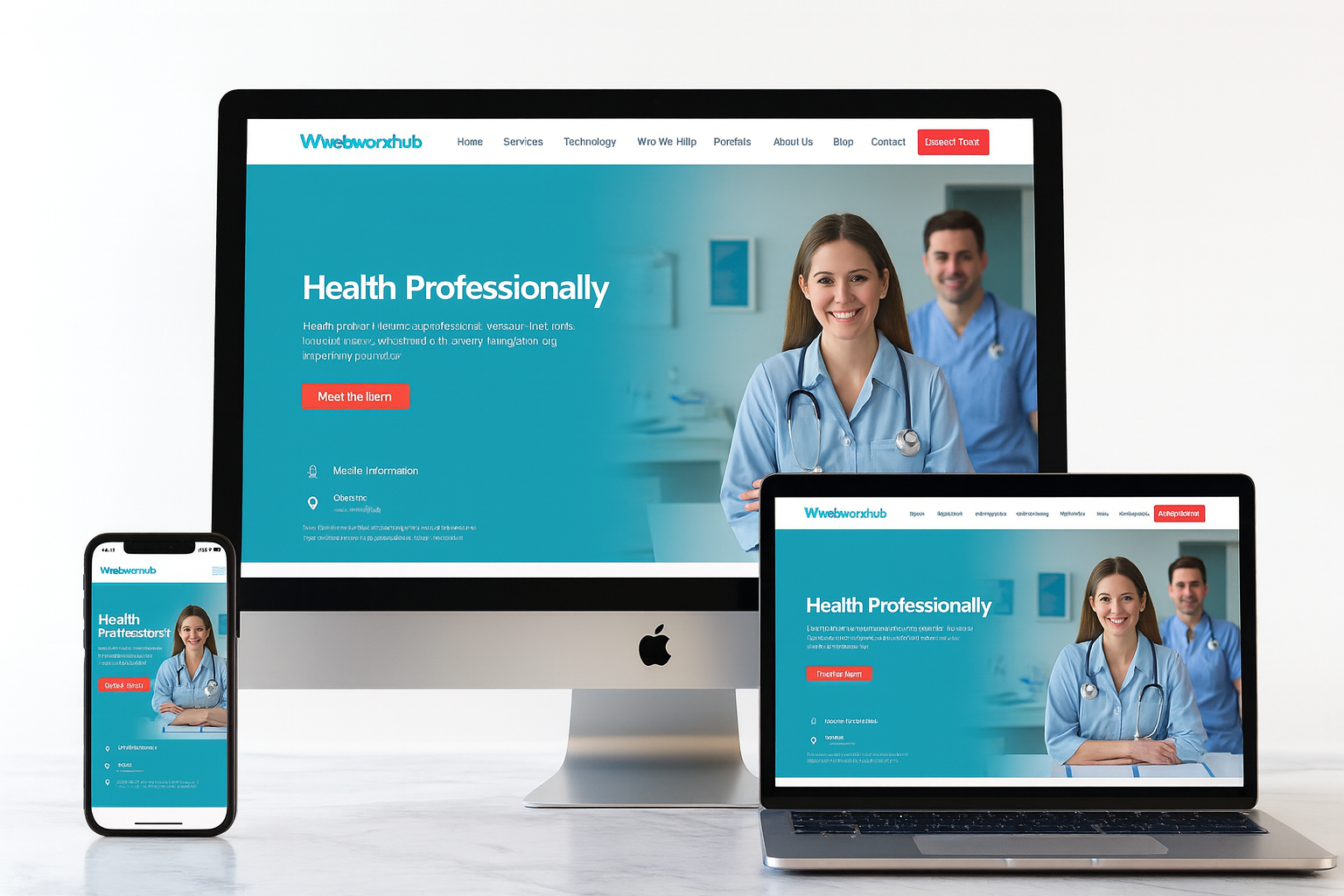 Website design mockups on phone, monitor, and laptop. Smiling medical professionals and turquoise header.