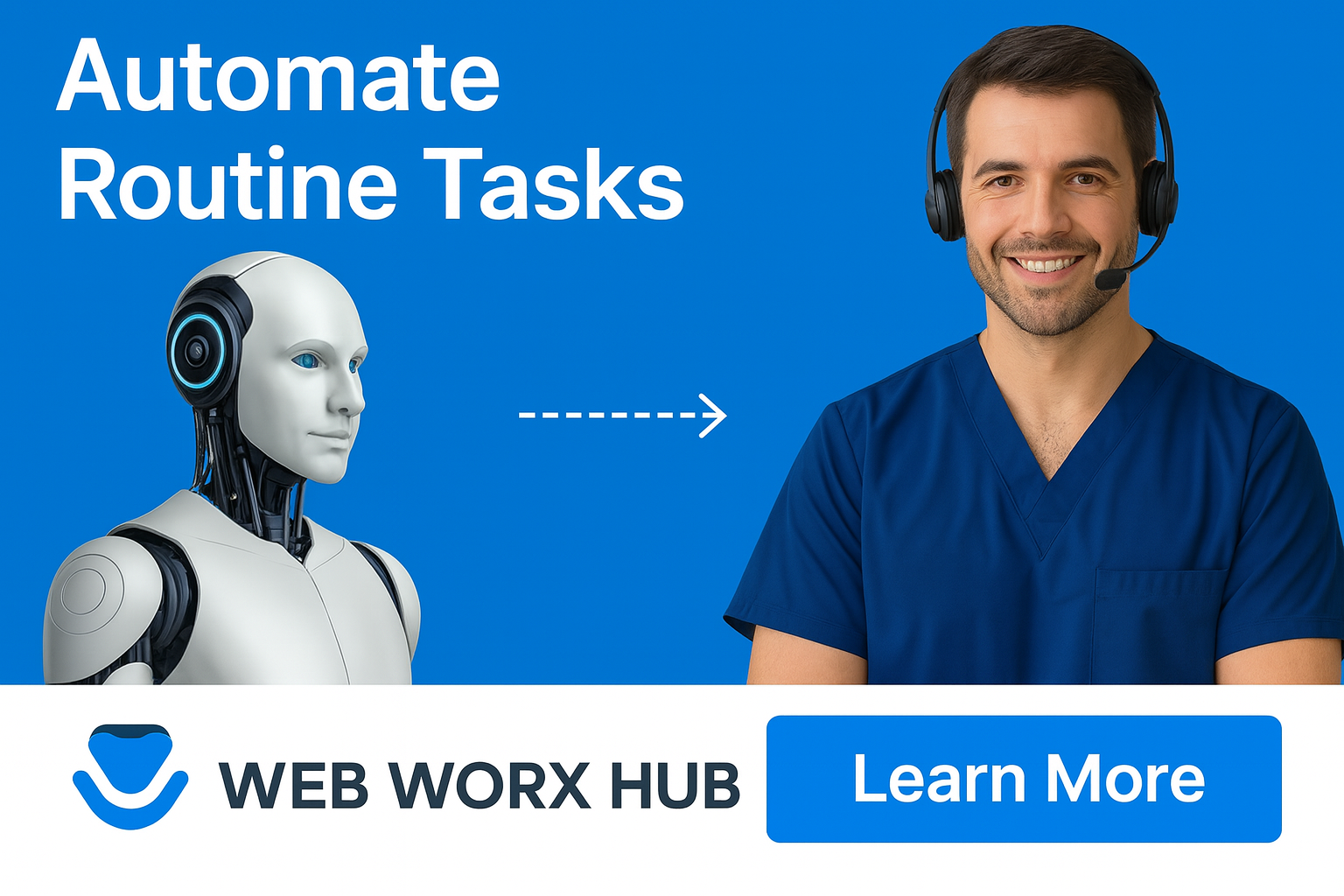 Robot morphing into a man wearing a headset, blue background, 