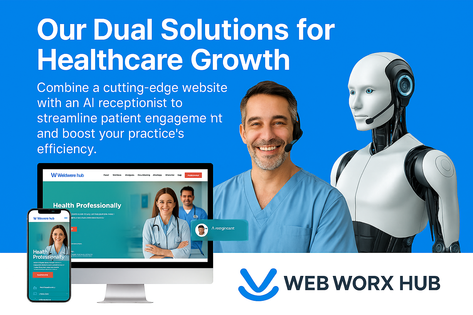 Advertisement: Website and AI receptionist for healthcare growth. Man in scrubs and robot.