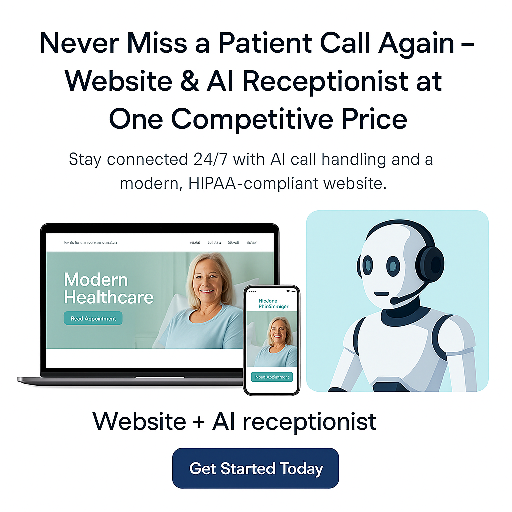 Healthcare website and 24/7 AI receptionist solution—responsive site on laptop and phone, HIPAA-focused messaging, friendly robot with headset, “Get Started Today” CTA.