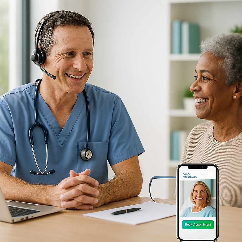 Doctor wearing headset smiling at elderly patient in clinic, symbolizing 24/7 AI call handling and uninterrupted patient communication.