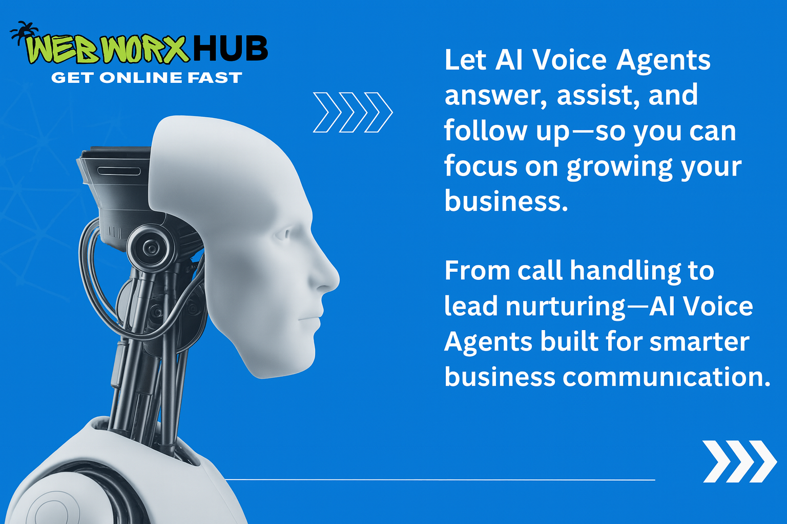 Futuristic AI robot head beside promotional text for Web Worx Hub, highlighting AI Voice Agents for business communication.