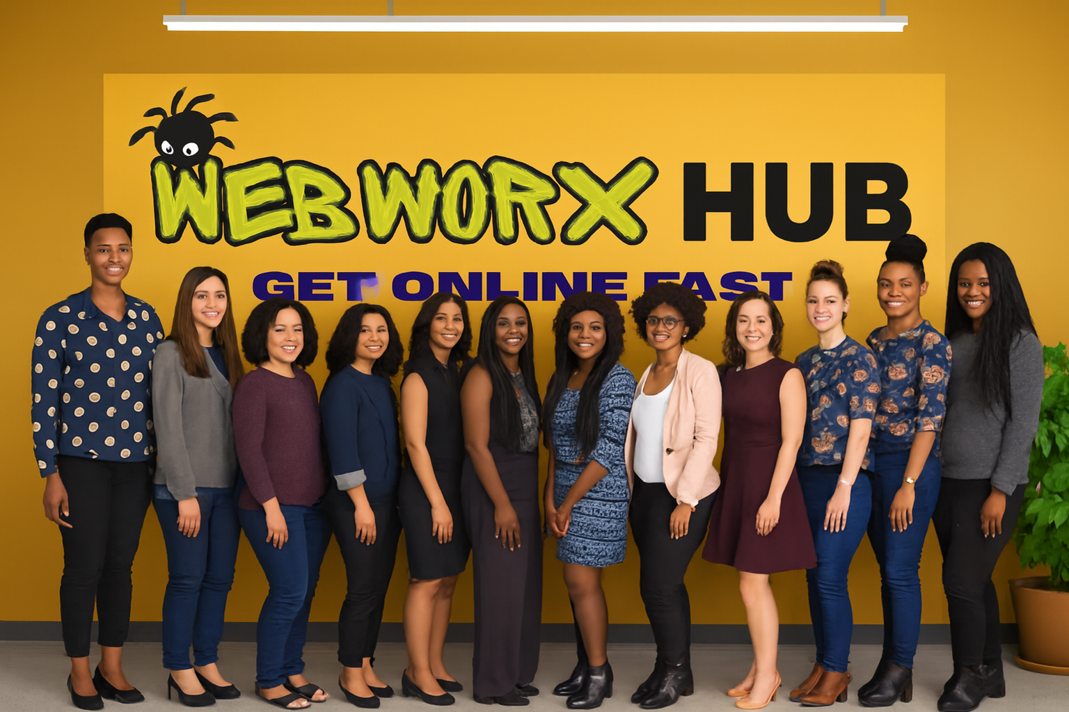 Group of people posing outdoors, some smiling. Evening setting with buildings in the background.