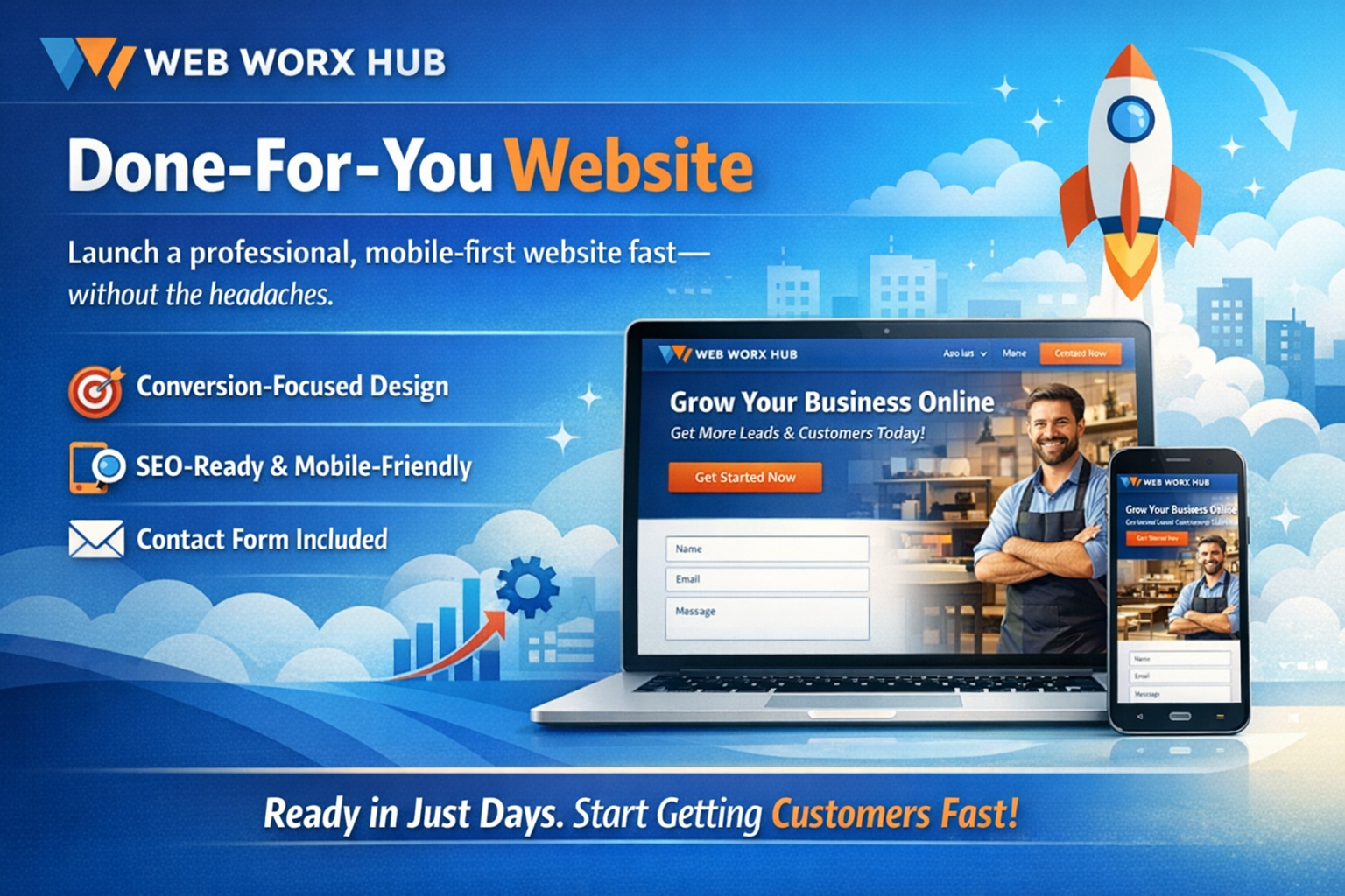 Promotional graphic for Web Worx Hub showcasing a professional, mobile-friendly website launch service on laptop and phone.