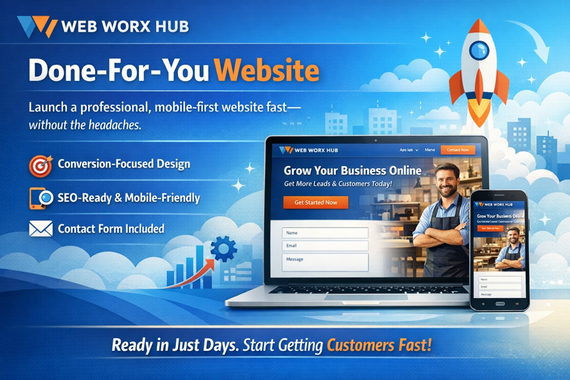 Blue web design promo banner for Web Worx Hub with laptop, rocket, and website mockup to grow business online