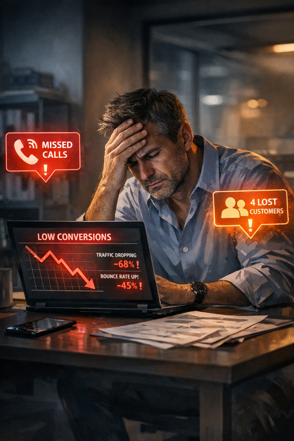 A stressed person looks at a laptop showing falling charts, surrounded by digital notifications of missed calls and losses.