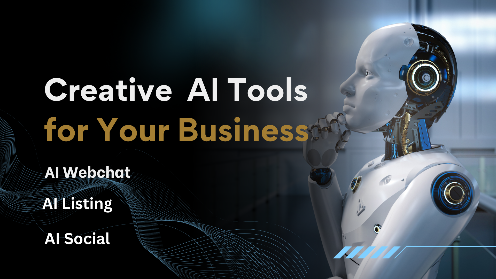 A robot head gazes pensively. Text: 