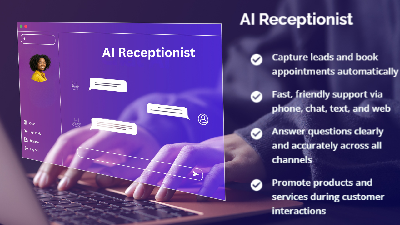 An AI receptionist interface overlays a person typing on a laptop, highlighting automated lead and appointment features.