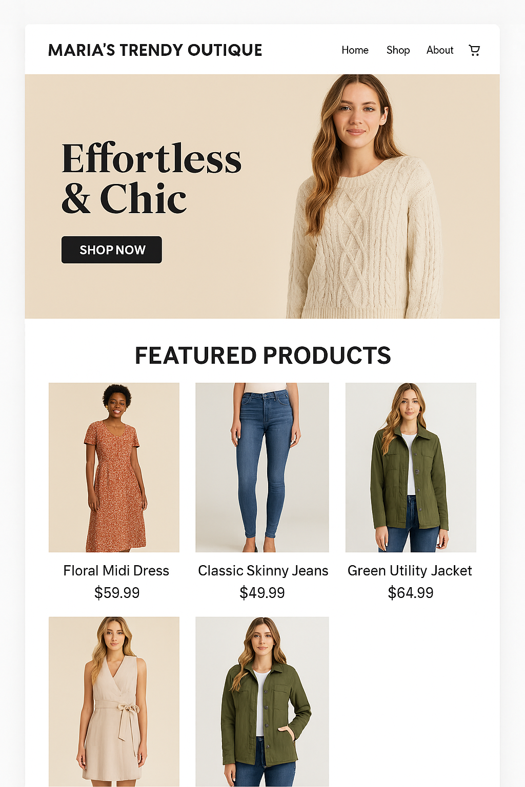 Maria's Trendy Boutique website. Woman in sweater, "Effortless & Chic" banner. Featured products: dresses, jeans, jacket.