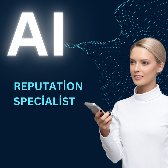 AI reputation specialist beside large “AI” text on dark blue background, holding a smartphone