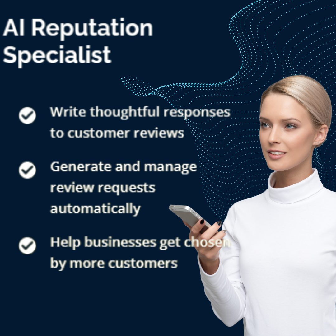 An AI Reputation Specialist text overlay lists services next to a person holding a smartphone against a digital background.