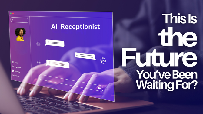 Purple AI receptionist promo with hands typing on a laptop and text: “This is the Future You’ve Been Waiting For?”