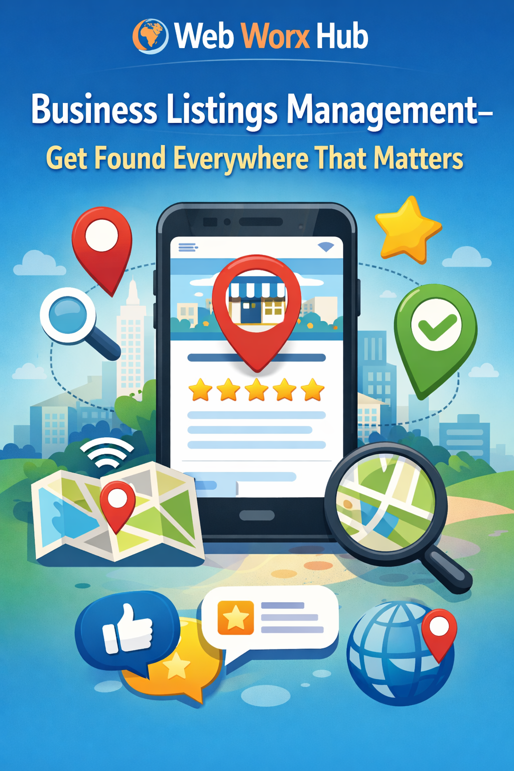 Business Listings Management illustration showing a mobile smartphone with a business profile, location pins, map, search icons, and customer review stars, representing Web Worx Hub’s service to help businesses get found across multiple online platforms.