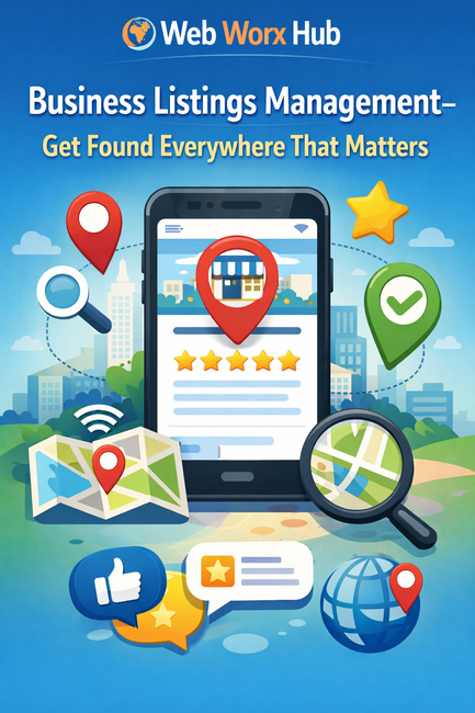 Business listings management poster with smartphone map pins, stars, icons, and city skyline.