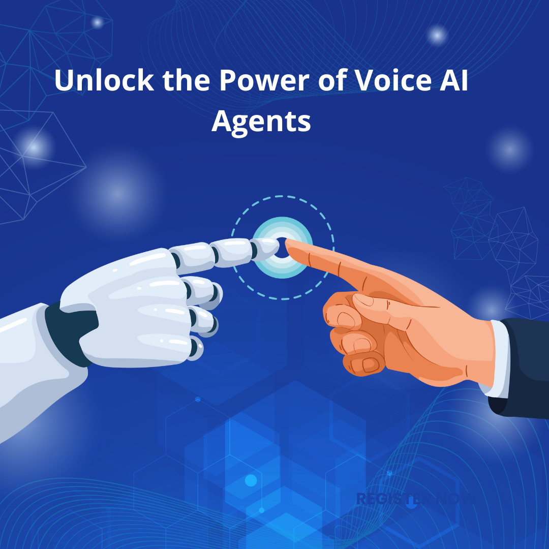 Robot hand and human hand reaching toward illuminated circle, blue background. Text: Unlock the Power of Voice AI Agents.