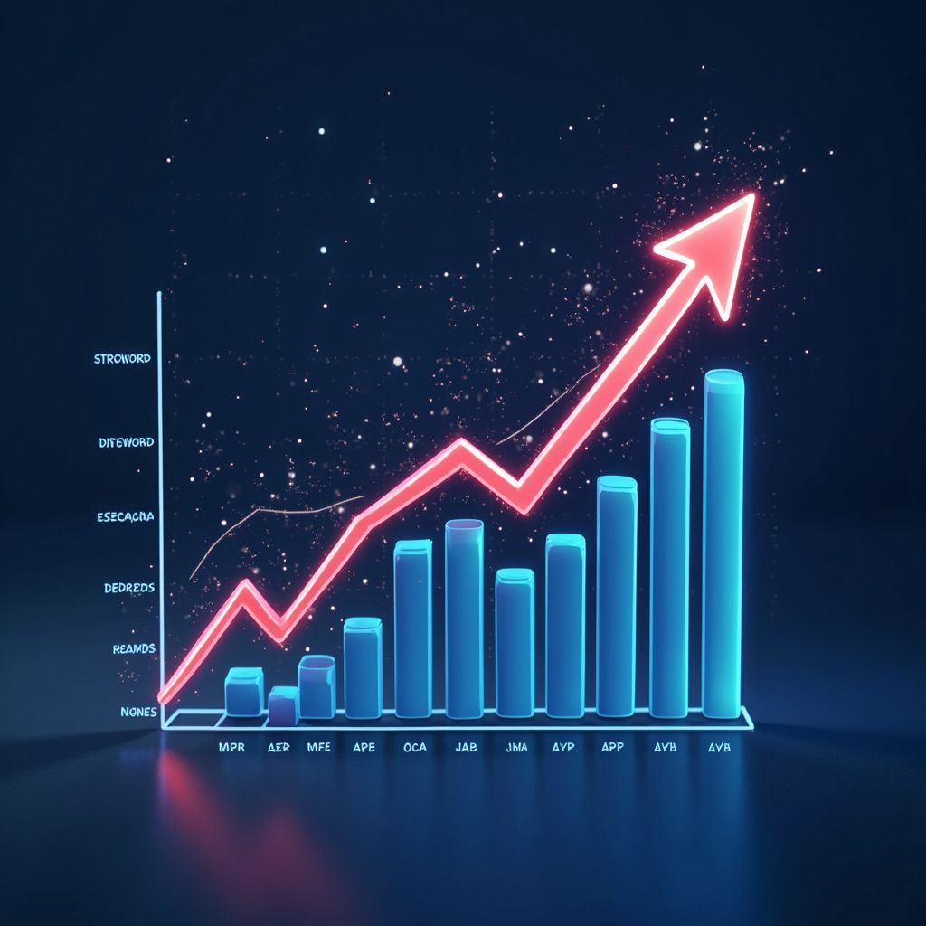 A glowing bar graph with blue bars and a rising red arrow, indicating growth.