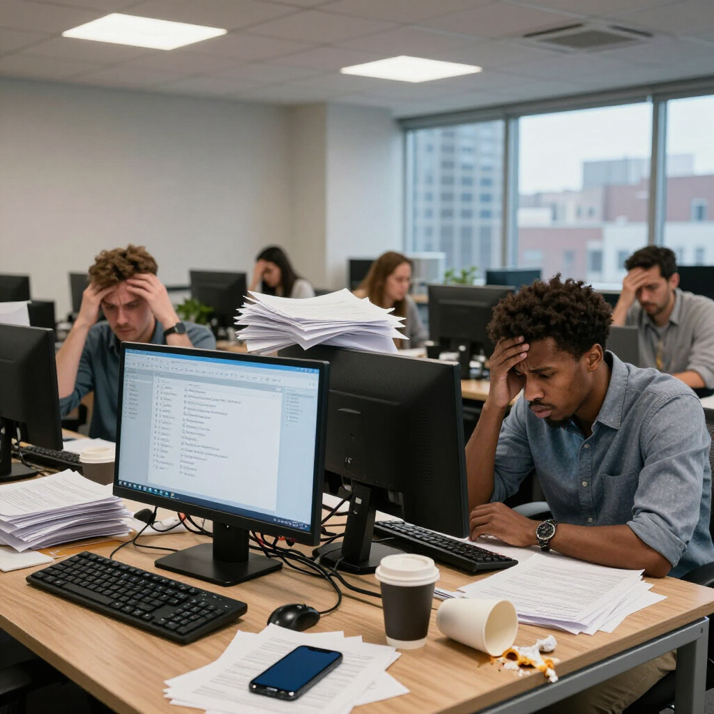 Office workers looking stressed at computers in a bright open-plan office with papers, coffee cups, and phones on desks