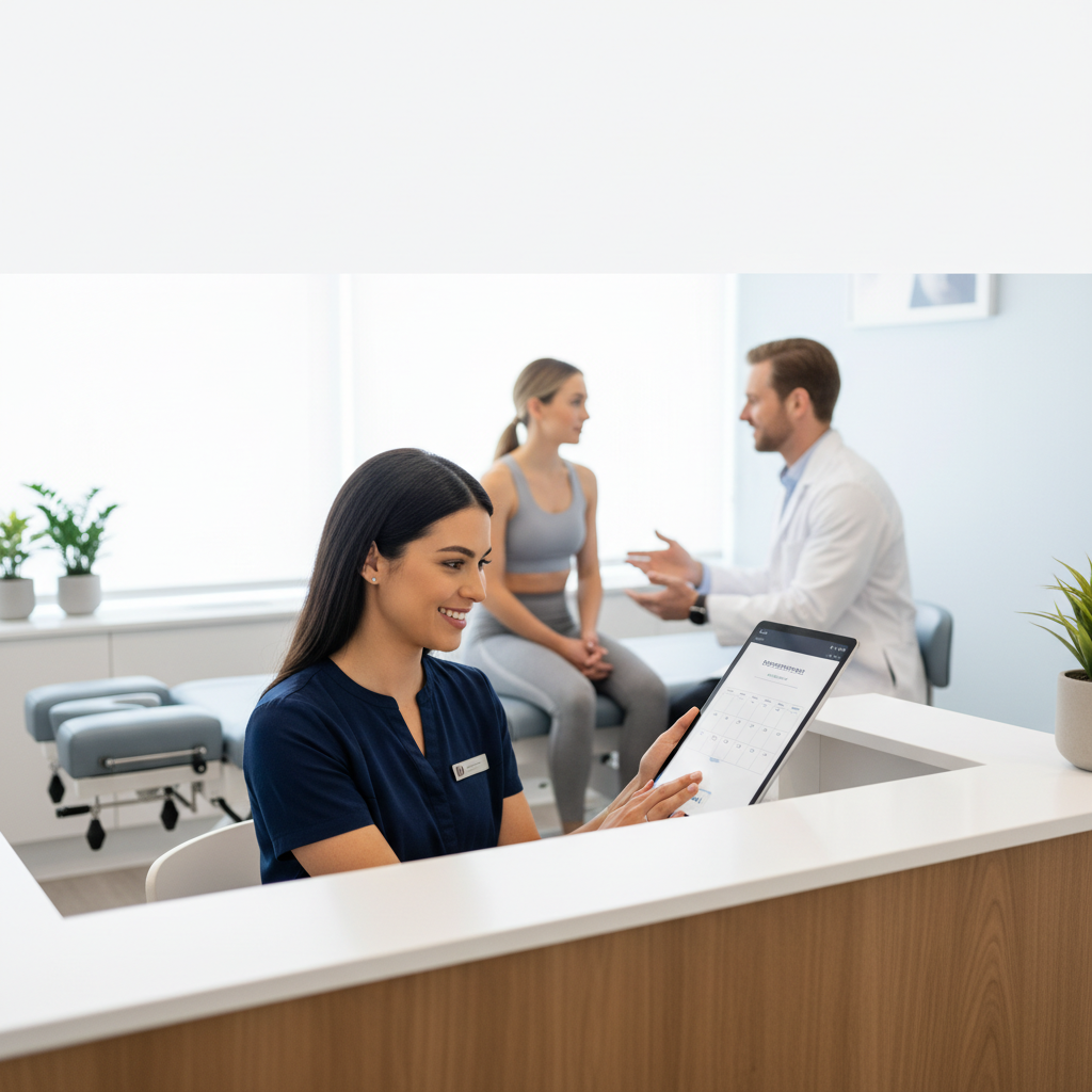 A smiling receptionist holds a tablet at a clinic counter while a professional consults with a patient on a treatment bed.