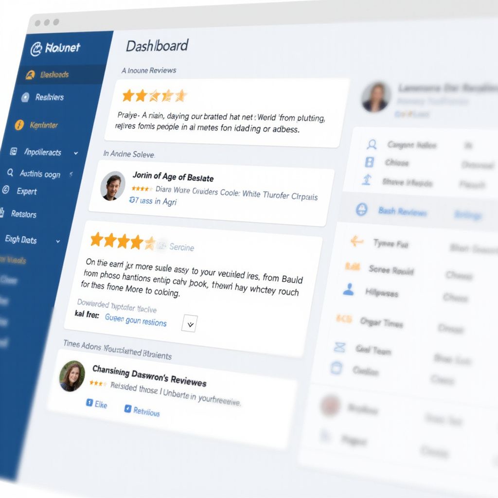 Dashboard interface with user reviews and tools, blue and white theme.