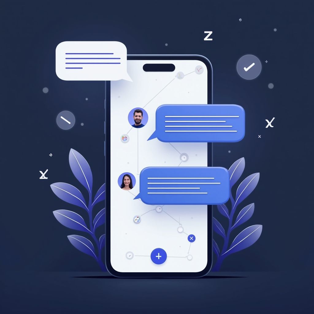 Smartphone with chat bubbles and connected avatars; dark blue theme.