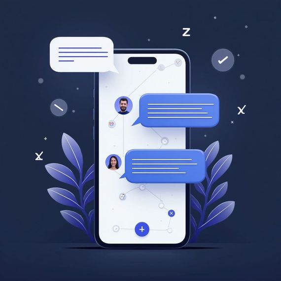 Stylized smartphone with chat bubbles and messaging icons on a dark blue background