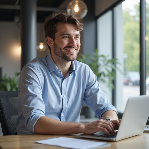 Man smiling while typing on a laptop at a café table near a window