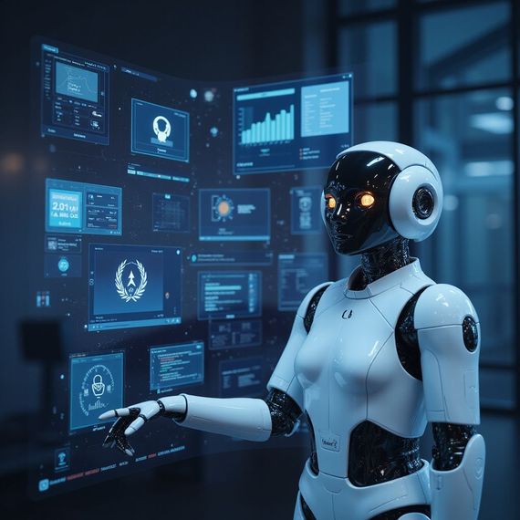 Futuristic humanoid robot interacting with glowing blue data dashboards in a dark control room