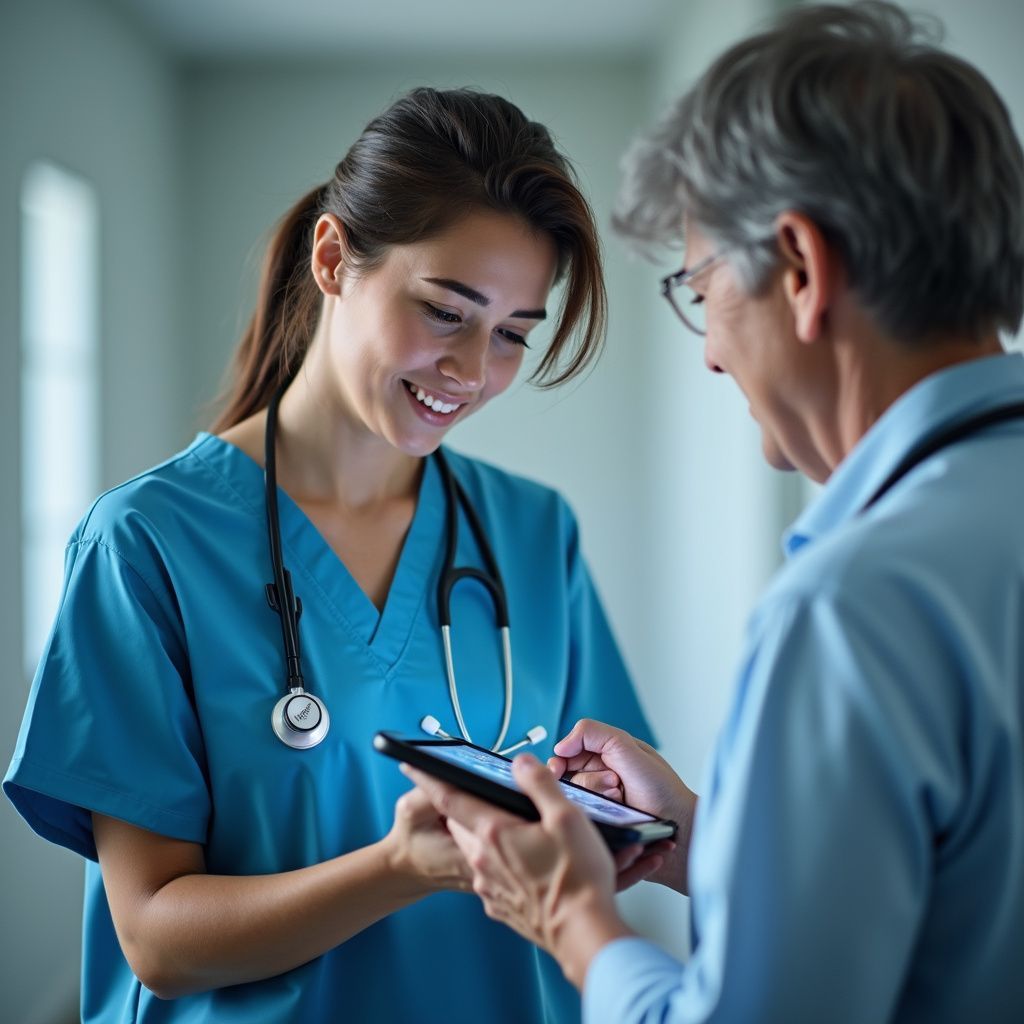 A young female nurse in blue scrubs smiles, looking at a tablet with an older doctor in a hallway.