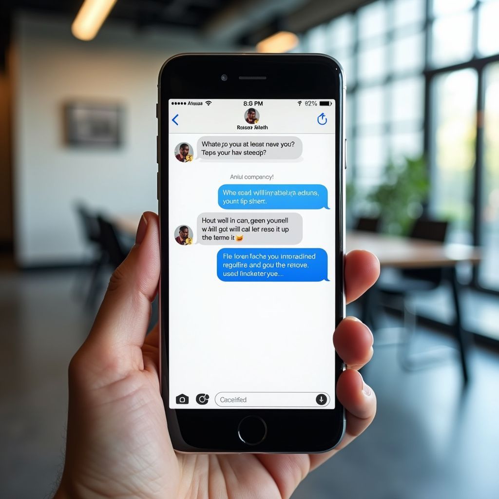 Hand holding a phone displaying a text conversation; setting is an office with large windows.
