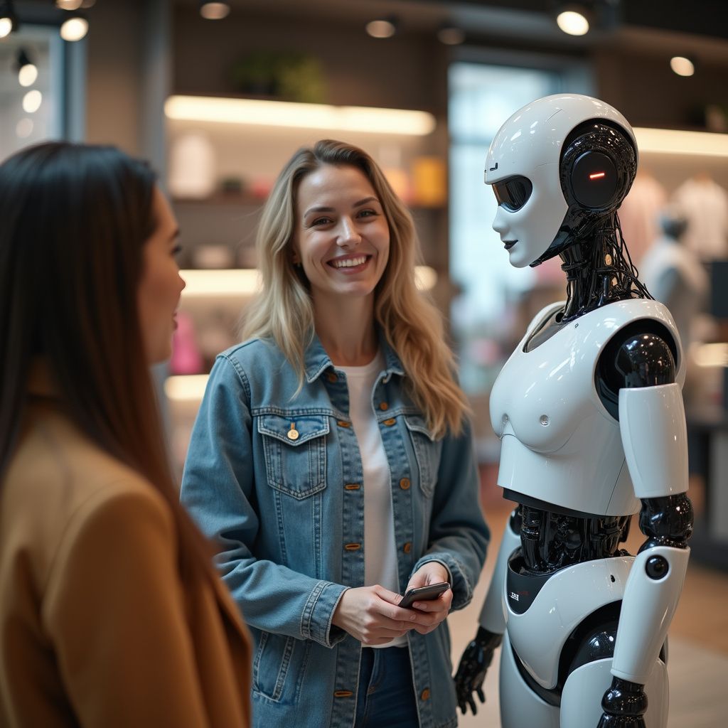 Two women and a white robot in a retail setting; one woman smiles while holding a phone; the robot is looking at the woman.