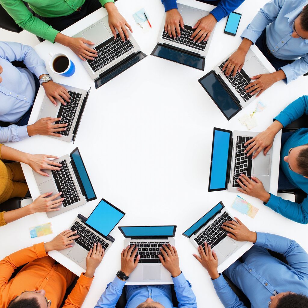 Group of people working on laptops around a white table; overhead view.