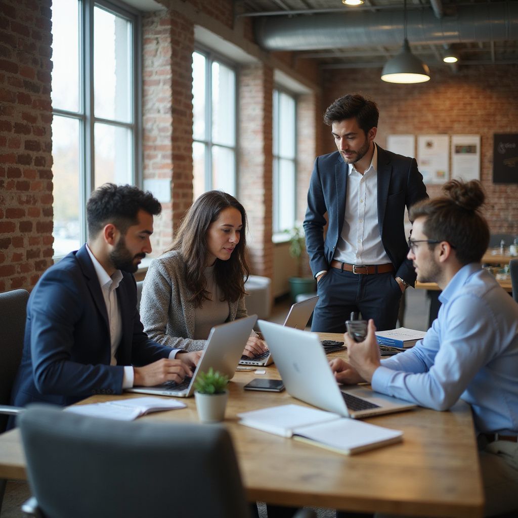 Four coworkers meeting around laptops in a modern office with brick walls and large windows
