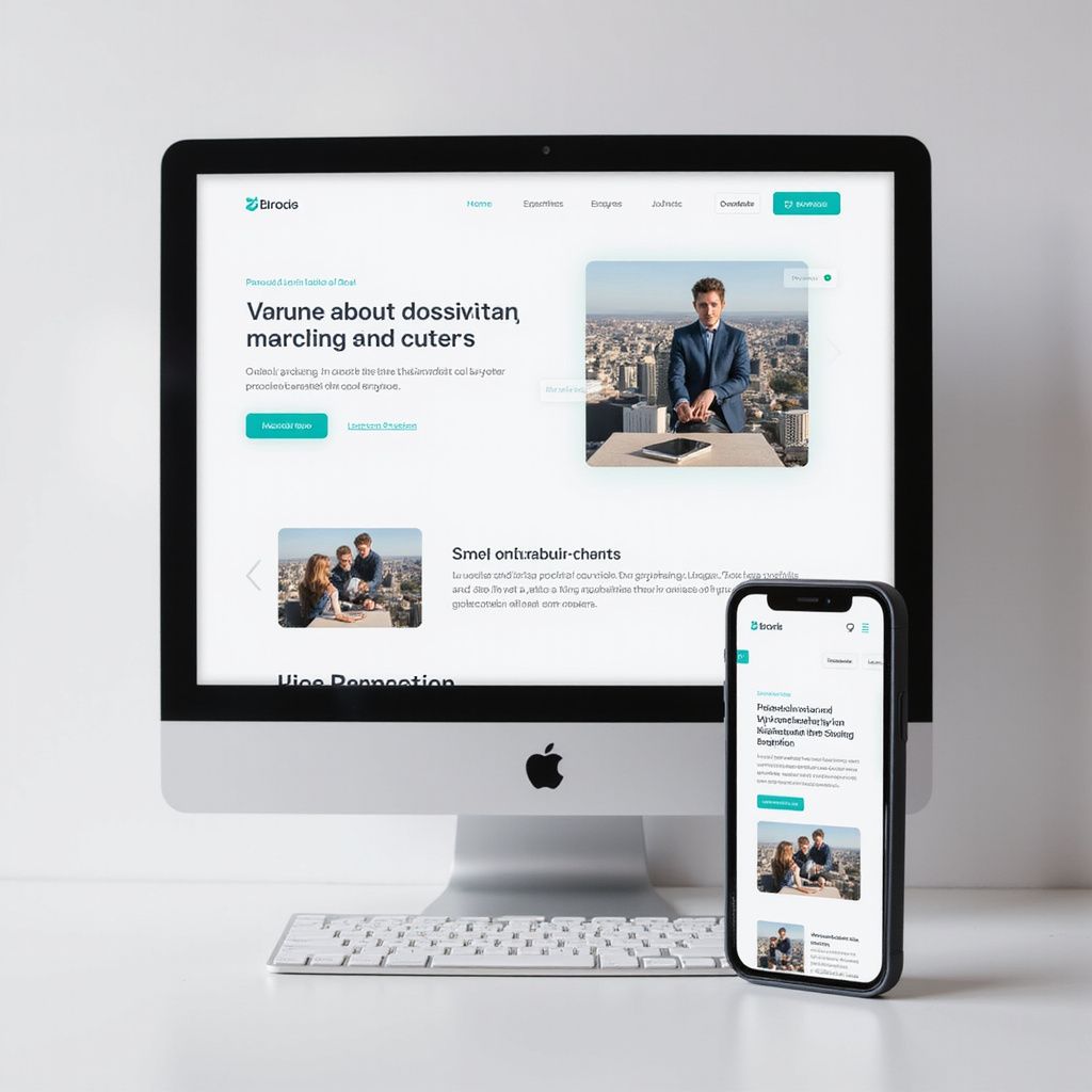 Website displayed on computer and phone, turquoise accents. Man and team photos.