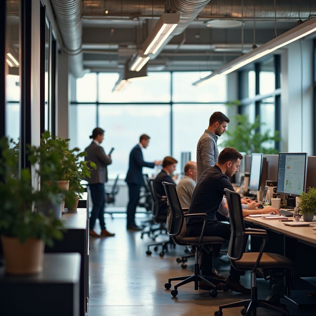 Office with people working at computers, some standing and talking. Modern interior with plants.