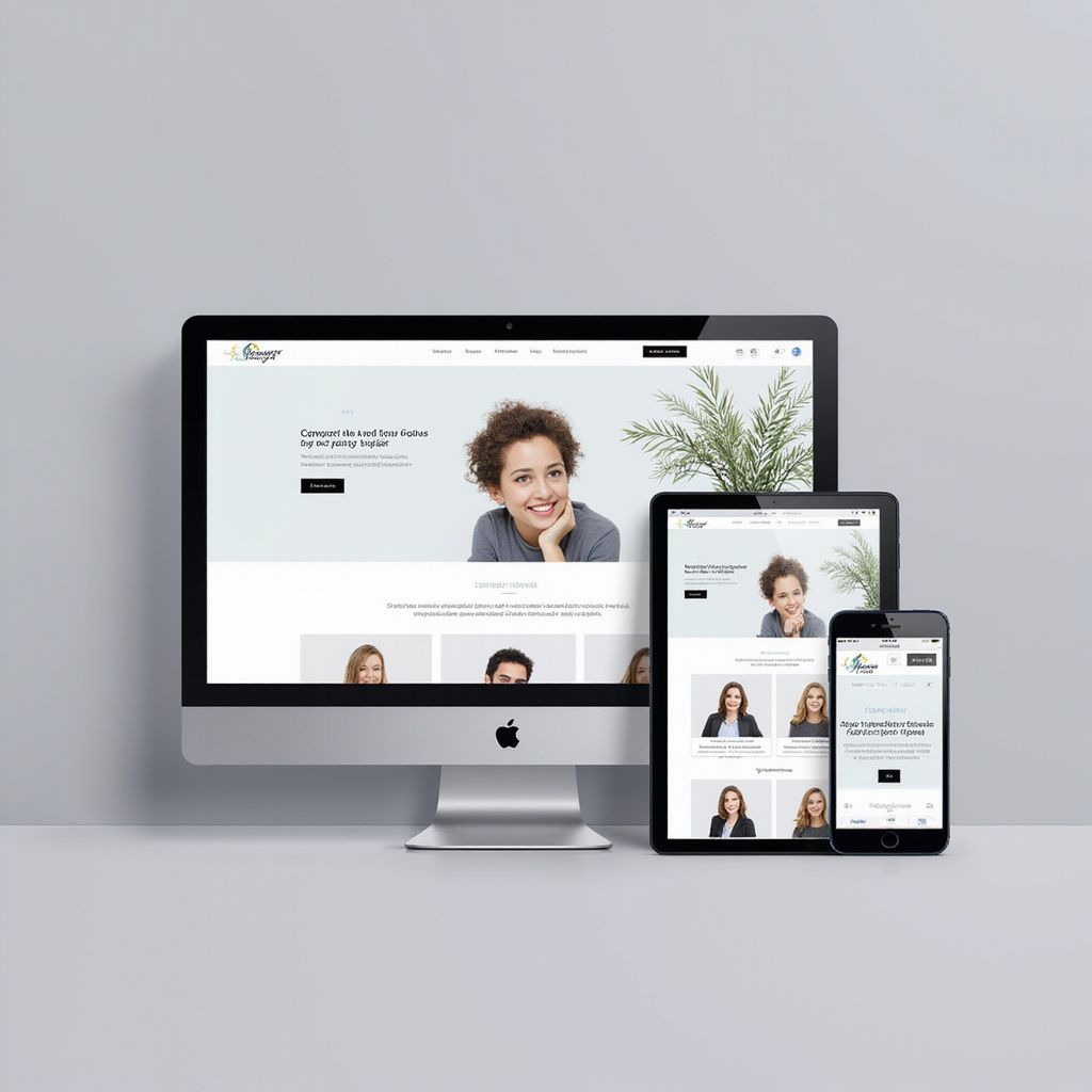 Website design displayed on a desktop, tablet, and phone, showcasing a business with a smiling woman.