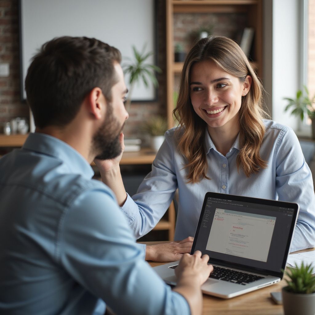 Man and woman smiling, looking at a laptop in an office.
