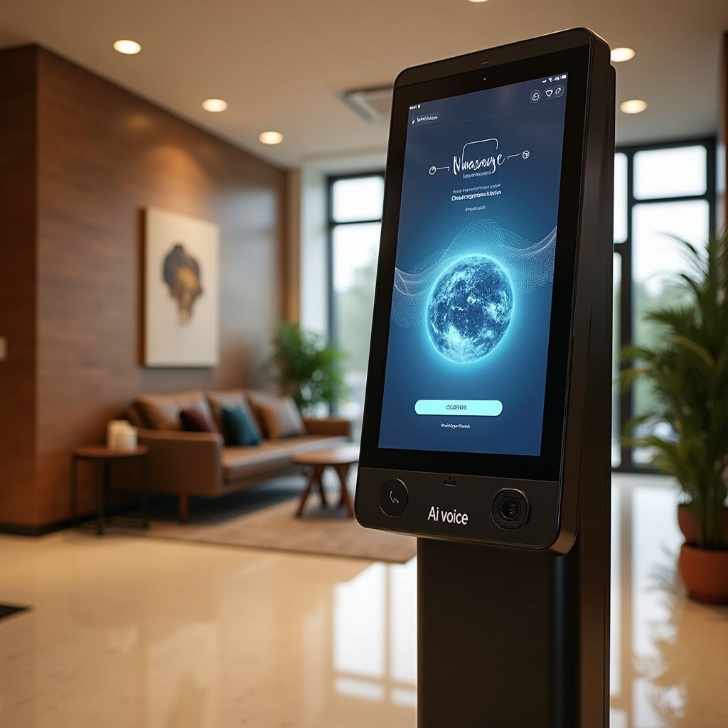 Digital kiosk in a lobby with a glowing blue interface. Modern, clean interior with a couch and plants.