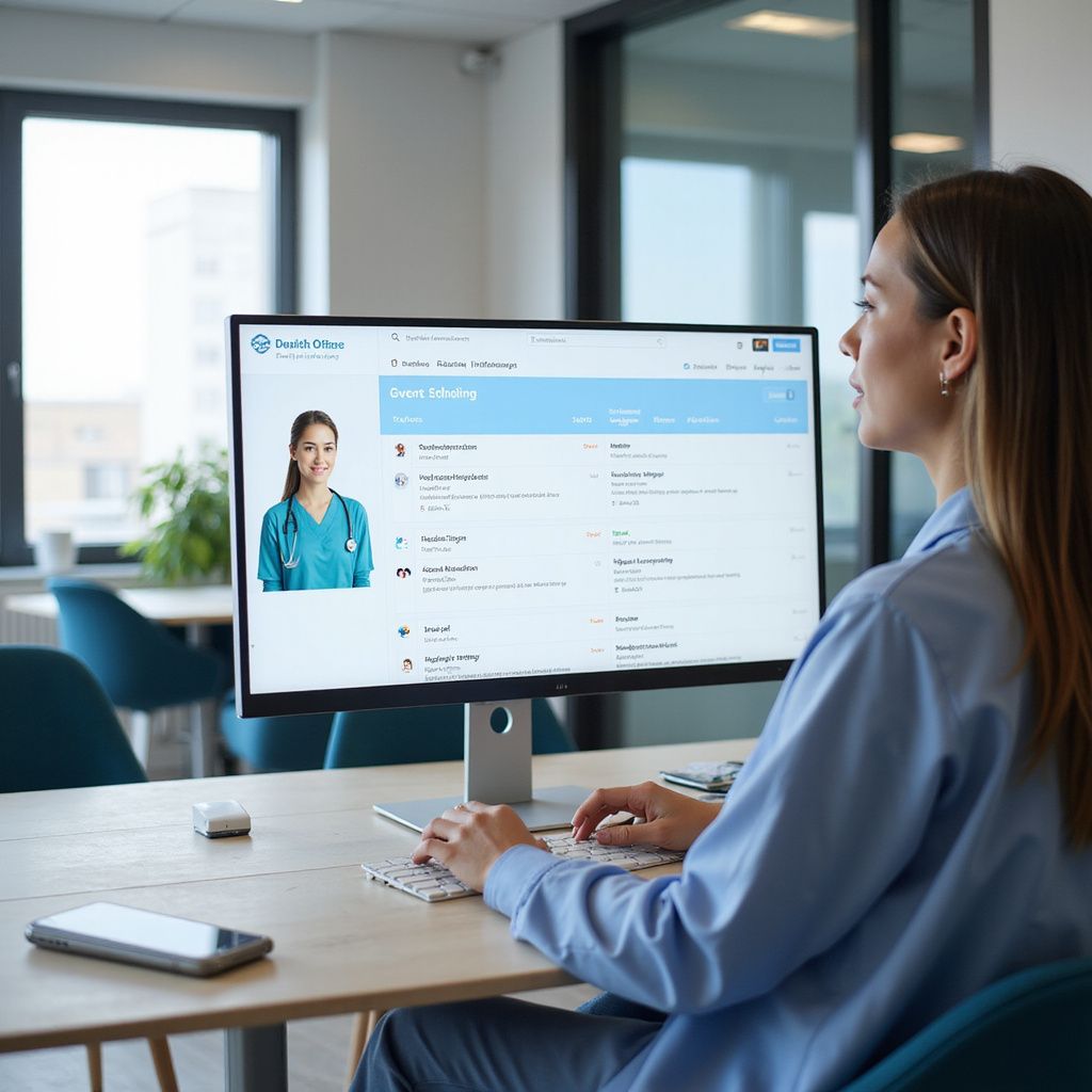 Woman at computer, teleconferencing with healthcare provider on-screen. Office setting.