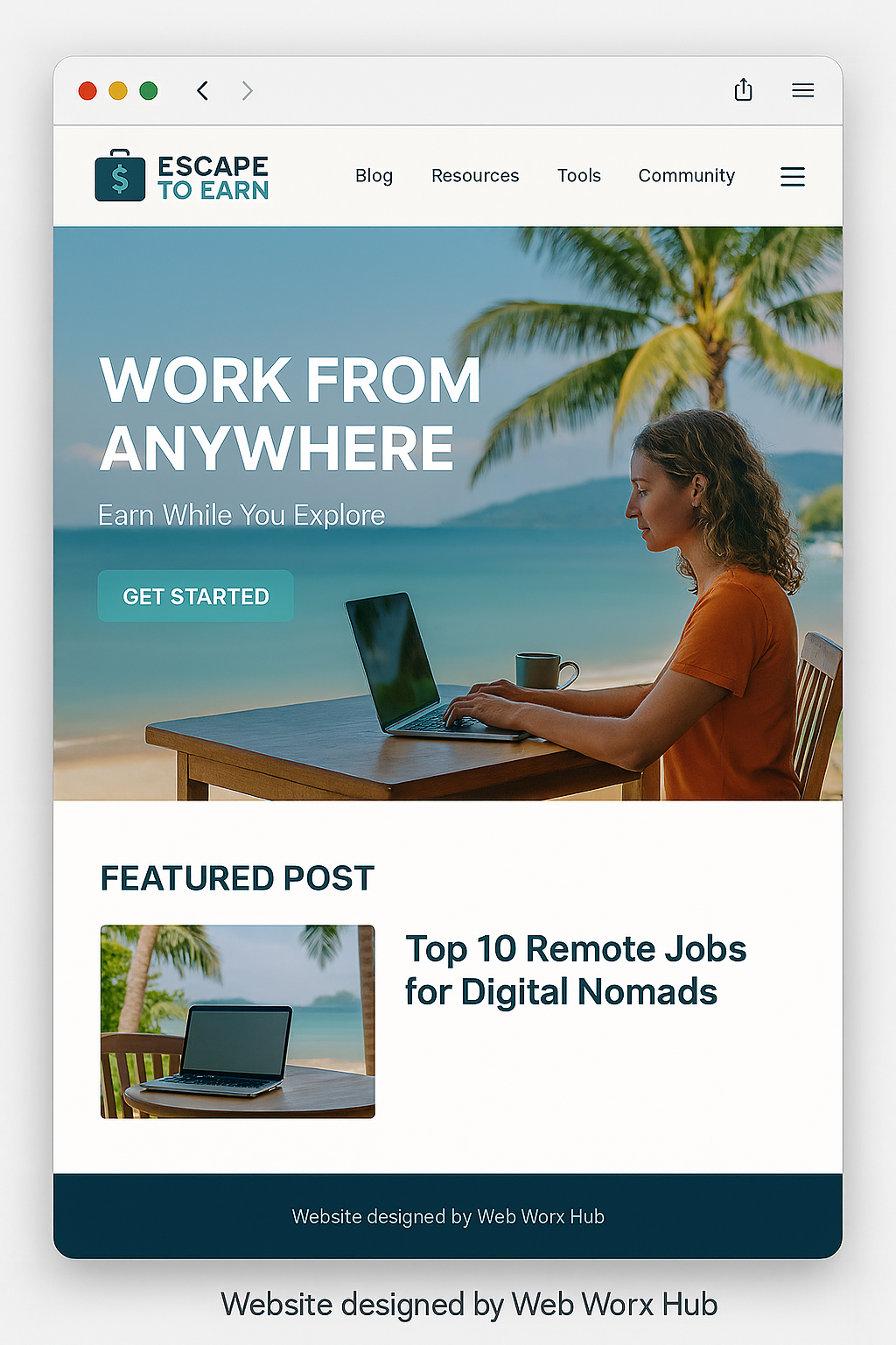 Website promoting remote work, featuring a woman working on a laptop at a beach and a list of remote jobs.